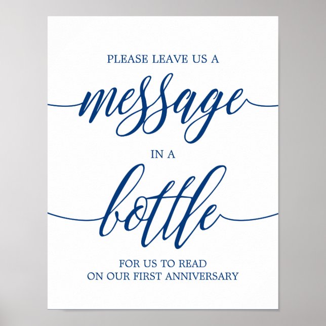 Message in a Bottle Wedding Sign Blue Calligraphy (Front)