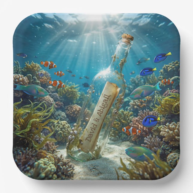 Message in a Bottle with Custom Names Paper Plates (Front)