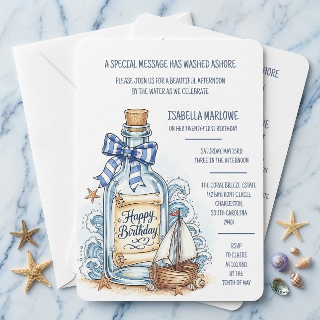 Message In Bottle Sailboat Birthday Invitation (Your coastal party starts here.)