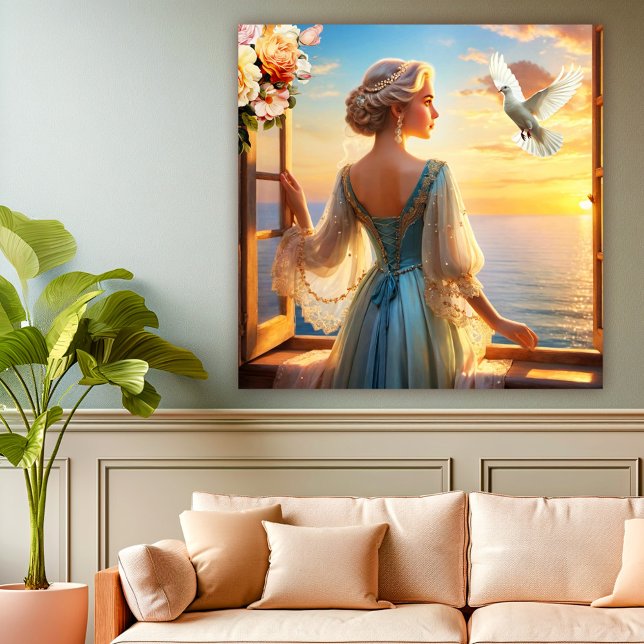 Message of Peace and Love Coastal Fine Art (Fine art painting showing a beautiful woman opening a window to the ocean with peace messenger dove)