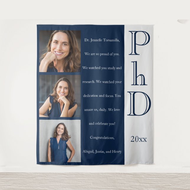 Message Photo Blue PhD Graduation Tapestry (Front)