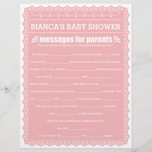Messages for Parents Pink Papel Picado Baby Shower (Front)