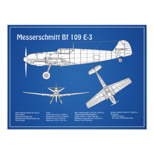 Messerschmitt Bf 109 - Airplane Blueprint ABD Photo Print (Front)