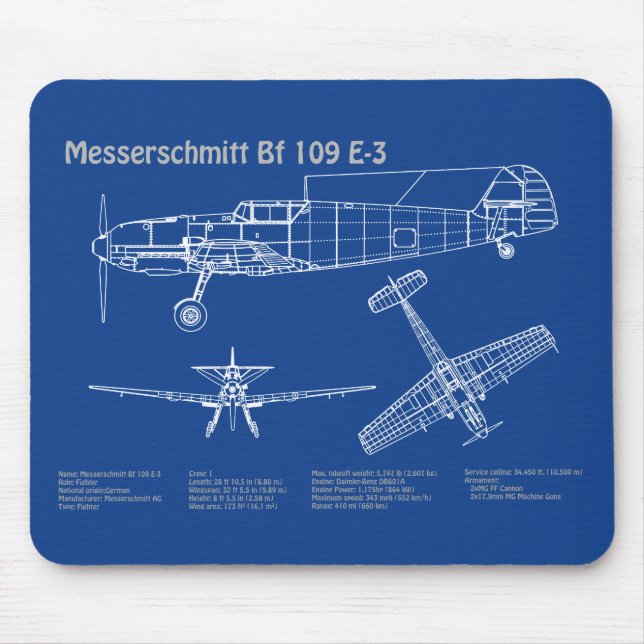 Messerschmitt Bf 109 - Airplane Blueprint AD Mouse Pad (Front)