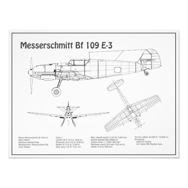 Messerschmitt Bf 109 - Airplane Blueprint BD Photo Print (Front)