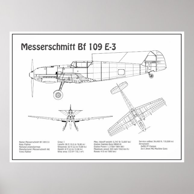 Messerschmitt Bf 109 - Airplane Blueprint BD Poster (Front)