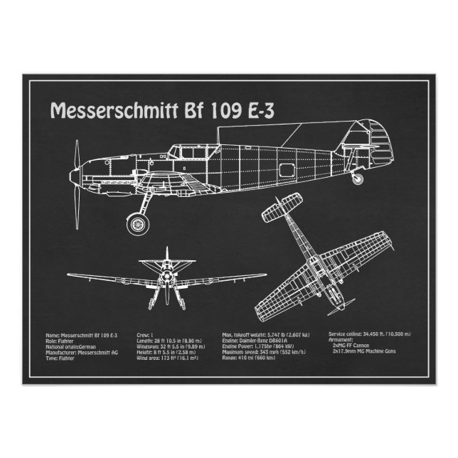 Messerschmitt Bf 109 - Airplane Blueprint PD Photo Print (Front)