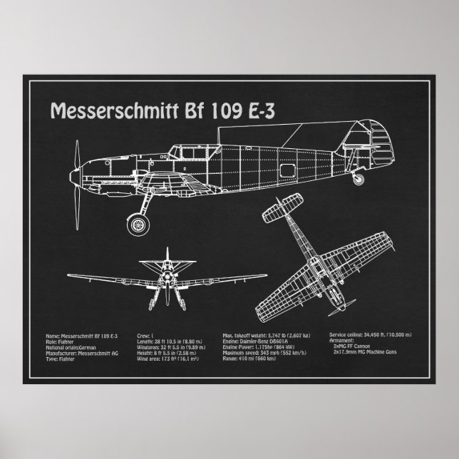 Messerschmitt Bf 109 - Airplane Blueprint PD Poster (Front)