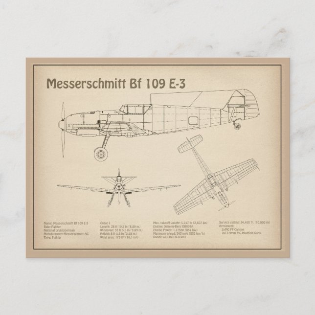 Messerschmitt Bf 109 - Airplane Blueprint SD Postcard (Front)