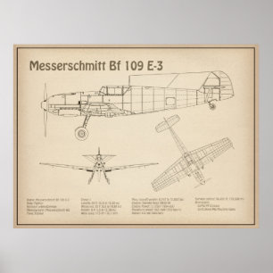 Messerschmitt Bf 109 - Airplane Blueprint SD Poster