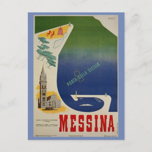Messina port of Sicily vintage Italian travel ad Postcard