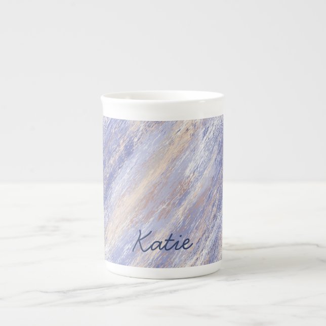 Messy Abstract Blue and Beige Paint Strokes Bone China Mug (Front)