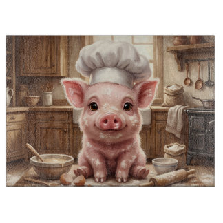 Messy Baking Baby Pig Glass Cutting Board