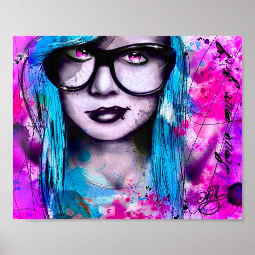 Messy Blue Emo Girl with Glasses Poster