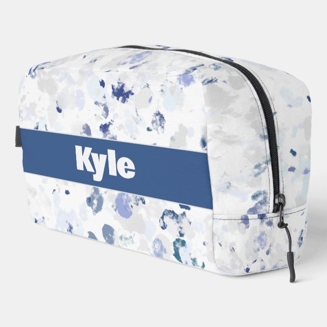 Messy Blue Gray Splatter Pattern with Name Dopp Kit (Right Corner)