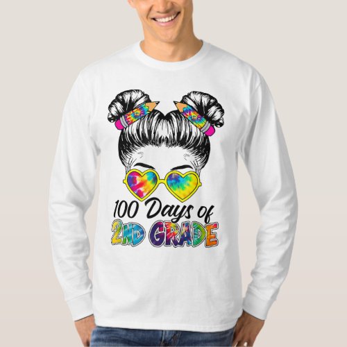 Messy Bun 100th Day Of School 2nd Grade Tie Dye Gi T_Shirt