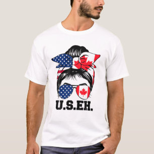 Messy Bun American Canadian Flag Sunglasses US EH T-Shirt
