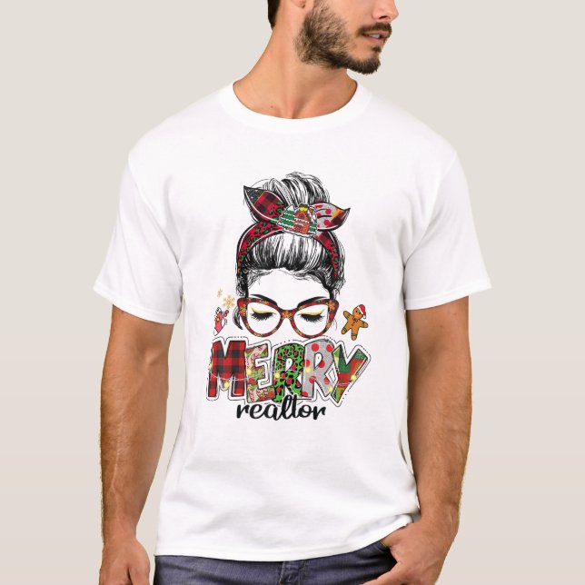 Messy Bun Christmas Tree Realtor Xmas Christmas T-Shirt (Front)