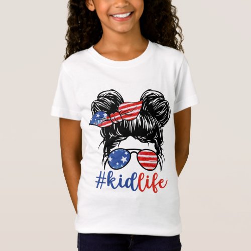 Messy Bun Classy Kid Life With America Flag T_Shirt