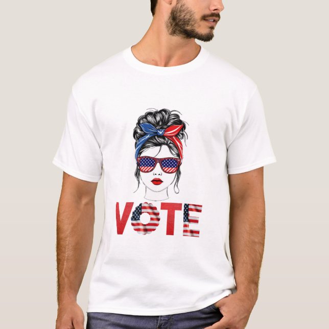 Messy Bun Girl Hair USA flag T-Shirt (Front)