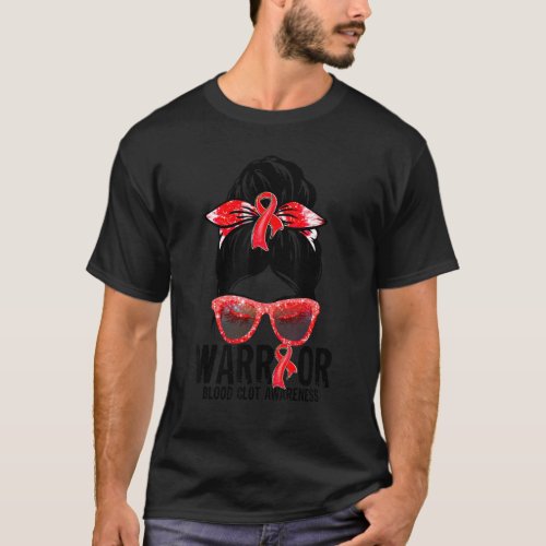 Messy Bun Glasses Red Ribbon Blood Clot Warrior T_Shirt