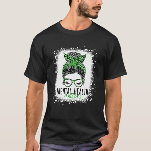 Messy Bun Green Leopard Ribbon Mental Health Aware T_Shirt
