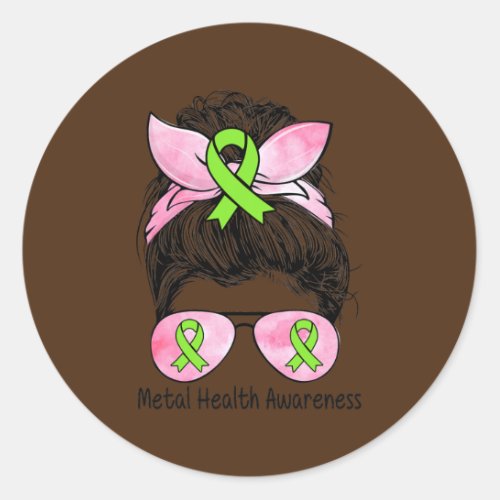 Messy Bun Green Ribbon Mental Health Awareness Classic Round Sticker