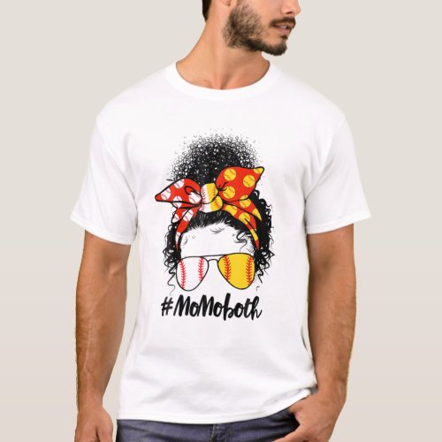 Messy Bun Hair African Afro Mom Of Both Softball B T_Shirt