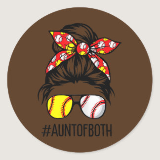 Messy Bun Hair Aunt Of Both Softball & Baseball Classic Round Sticker