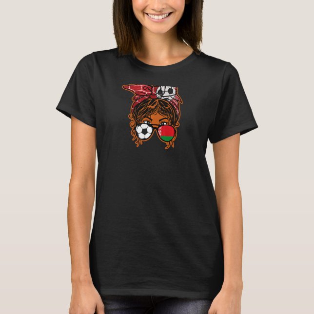 Messy Bun Hair Brown Skin Soccer Girl Belarus Jers T-Shirt (Front)