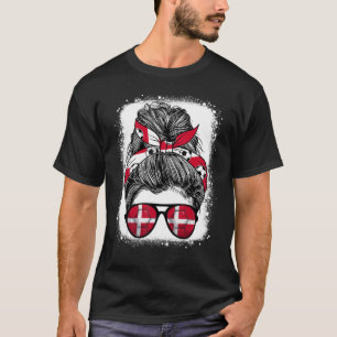 Messy Bun Hair Denmark Flag Glasses Danish Girl Wa T-Shirt