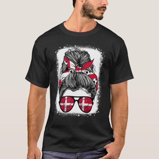 Messy Bun Hair Denmark Flag Glasses Danish Girl Wa T-Shirt (Front)