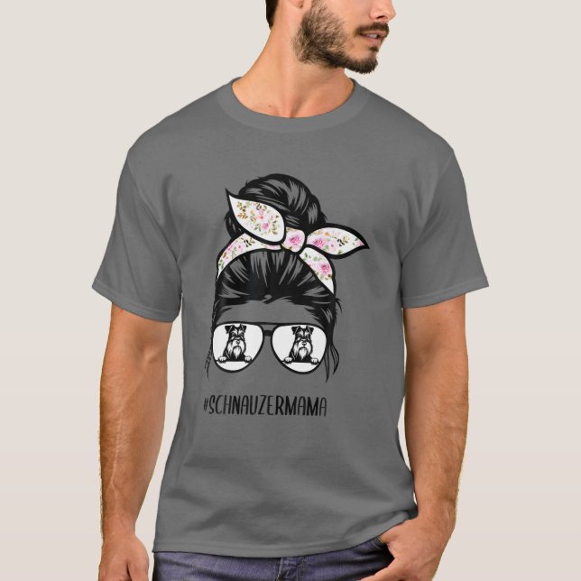 Messy Bun Hair Glasses Miniature Schnauzer Mom Mot T-Shirt (Front)