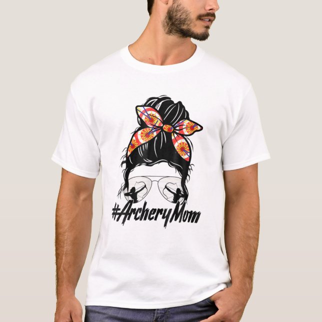 Messy Bun Hair Sunglasses Bandana Archery Mom Wome T-Shirt (Front)