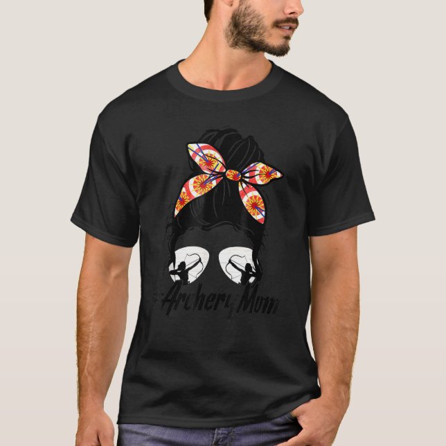 Messy Bun Hair Sunglasses Bandana Archery Mom Wome T-Shirt (Front)