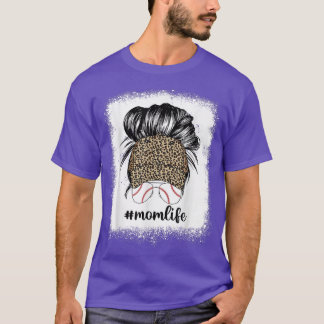 Messy Bun Hair Women Mom Life Cheetah Print Baseba T-Shirt