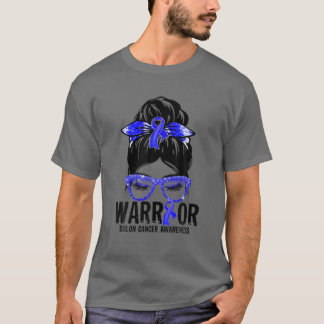 Messy Bun Leopard Blue Ribbon Colon Cancer Warrior T-Shirt