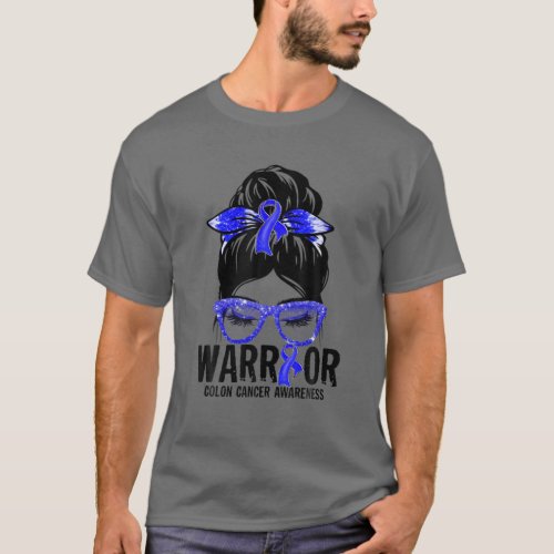 Messy Bun Leopard Blue Ribbon Colon Cancer Warrior T_Shirt