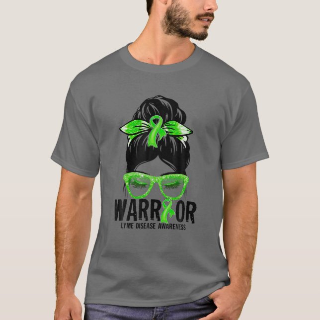 Messy Bun Leopard Green Ribbon Lyme Disease Warrio T-Shirt (Front)