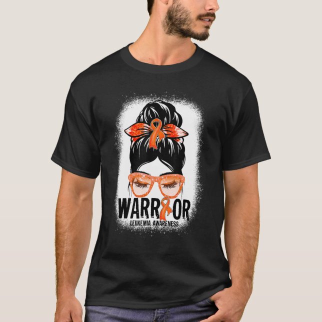 Messy Bun Leopard Orange Ribbon Leukemia Warrior T-Shirt (Front)