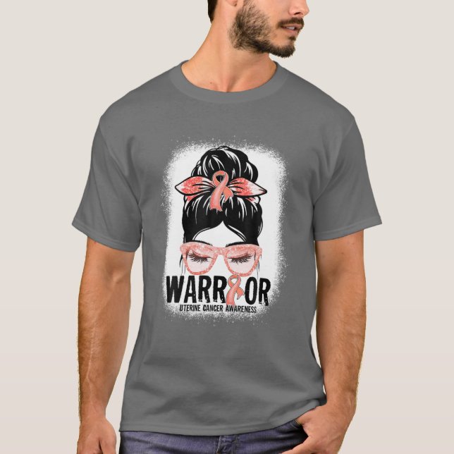 Messy Bun Leopard Peach Ribbon Uterine Cancer Warr T-Shirt (Front)