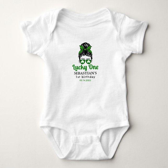  Messy Bun Lucky One 1st Birthday Girl  Baby Bodysuit (Front)