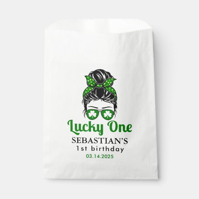  Messy Bun Lucky One 1st Birthday Girl  Favor Bag (Front)