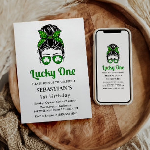 Messy Bun Lucky One 1st Birthday Girl Invitation