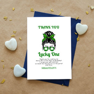 Messy Bun Lucky One 1st Birthday Girl Thank You Card