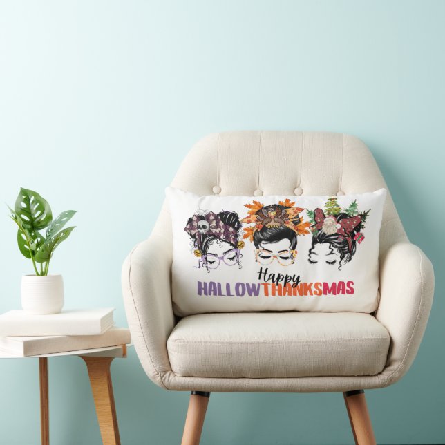 Messy bun mama Happy Hallowthanksmas  Lumbar Pillow (Chair)
