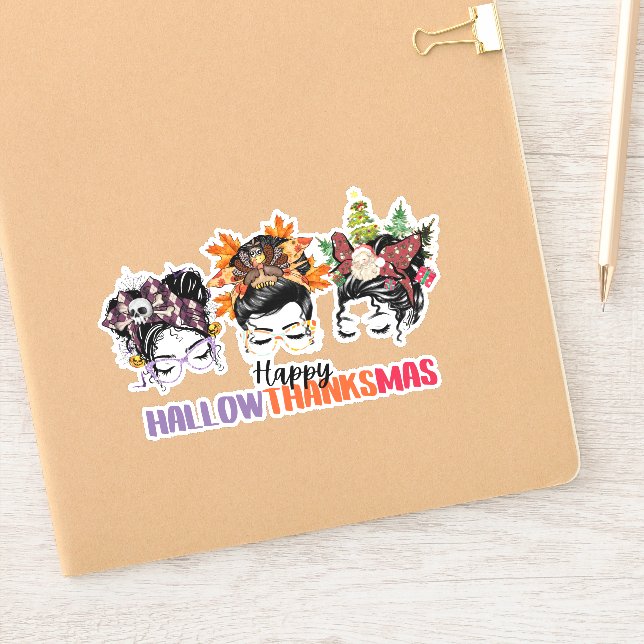 Messy bun mama Happy Hallowthanksmas  Sticker (Notebook)