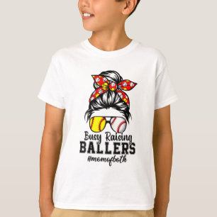Messy Bun Mom Of Both Baseball Softball Busy Raisi T-Shirt