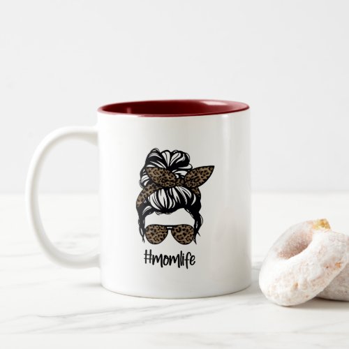 Messy Bun momlife Leopard Two_Tone Coffee Mug