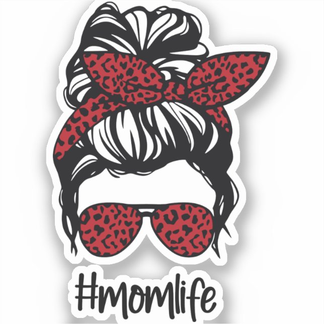 Messy Bun #momlife Red Leopard Sticker (Front)